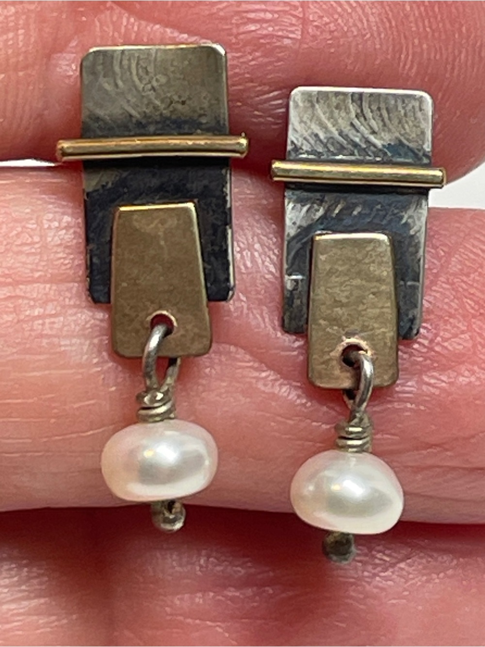 Sterling Silver artisan crafted earrings Geometric Mixed Metals Freshwater Pearl